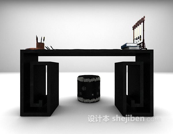 中式黑色书桌3d模型下载