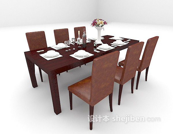 欧式风格长形木质餐桌3d模型下载