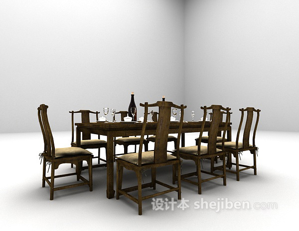 中式风格中式木质桌椅3d模型下载