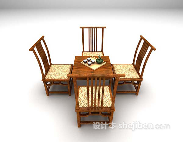 设计本中式棕色桌椅组合3d模型下载