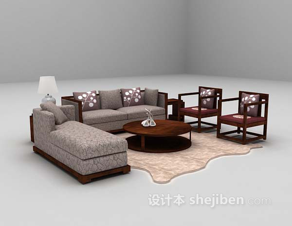 东南亚风格木质多人沙发3d模型下载