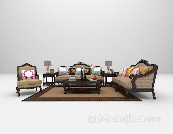 欧式木质组合沙发3d模型下载