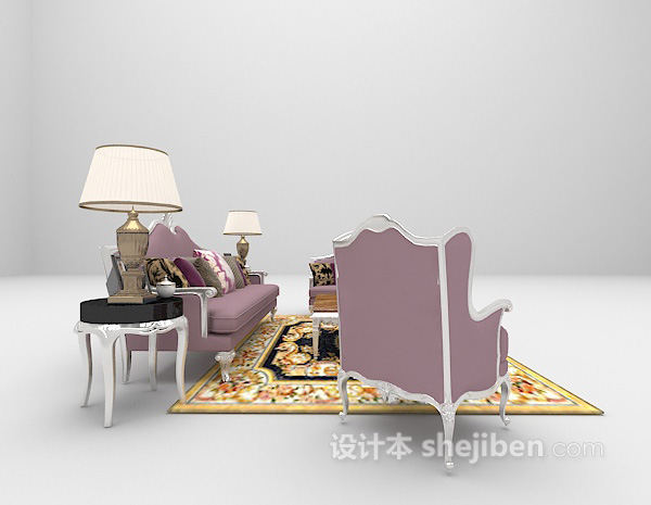 欧式风格枚红色组合沙发免费3d模型下载