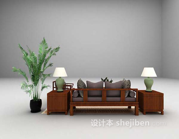 中式风格棕色沙发组合3d模型下载