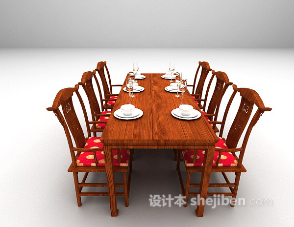 设计本中式长形桌椅组合3d模型下载