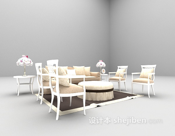 欧式风格欧式浅色沙发椅组合3d模型下载