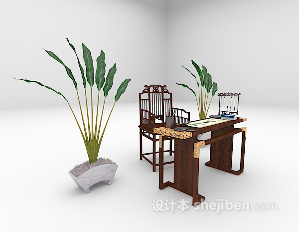 中式风格中式书桌组合3d模型下载