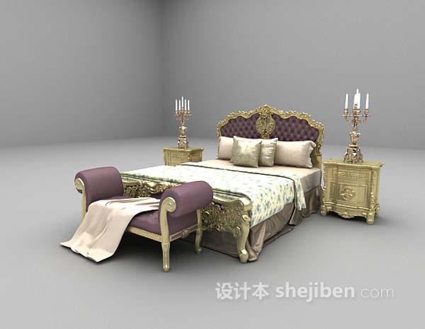 免费欧式紫色双人床3d模型下载