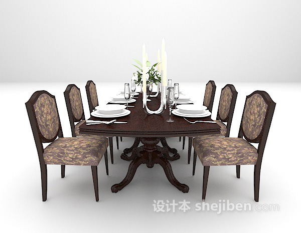 设计本欧式棕色木质餐桌3d模型下载