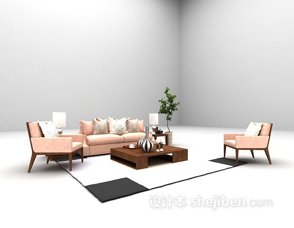 现代风格现代粉色沙发组合3d模型下载