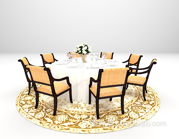 设计本欧式棕色带地毯餐桌组合欣赏3d模型下载