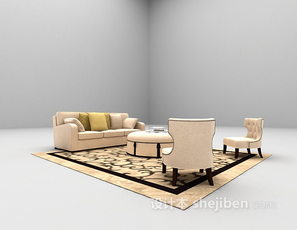 欧式风格欧式浅色沙发组合3d模型下载