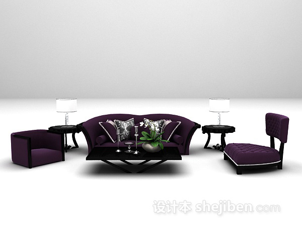 欧式风格紫色沙发组合3d模型下载