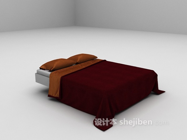 现代风格酒红色双人床3d模型下载