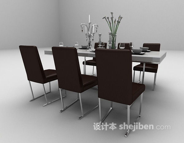 免费木质长形餐桌3d模型下载