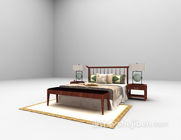 免费中式木质床3d模型下载