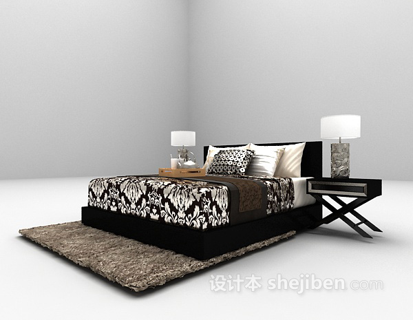 免费黑色木质床3d模型下载