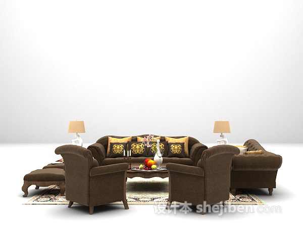 欧式风格棕色布艺沙发3d模型下载