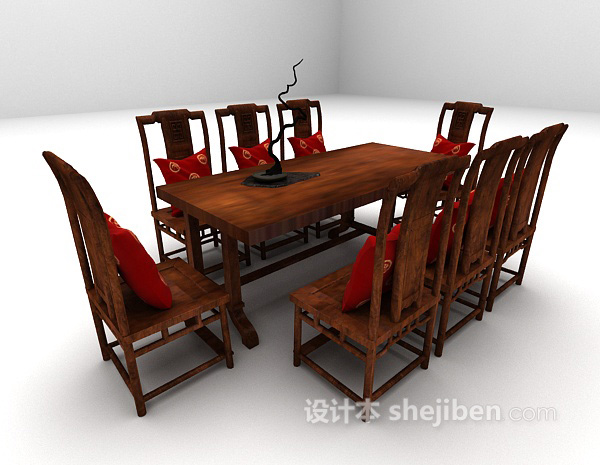 中式风格长形木质桌椅3d模型下载