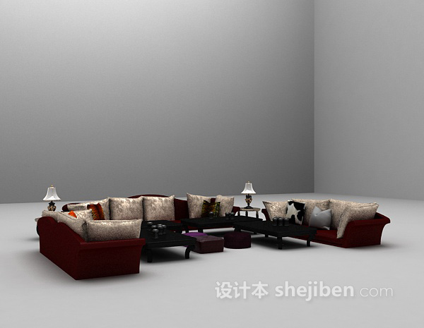 免费红色沙发组合3d模型下载