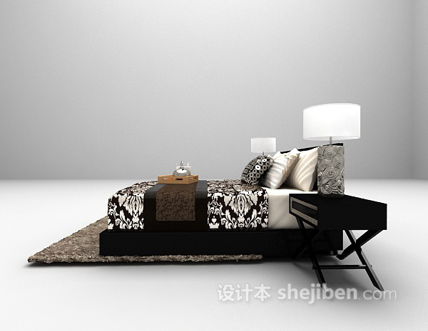 设计本黑色木质床3d模型下载