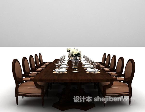 欧式风格长形木质餐桌推荐3d模型下载