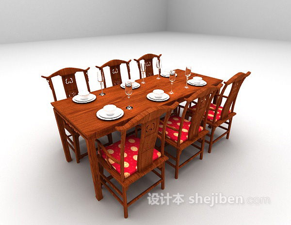 中式风格中式长形桌椅组合3d模型下载