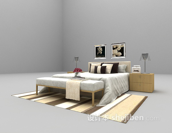 免费木质家庭床3d模型下载
