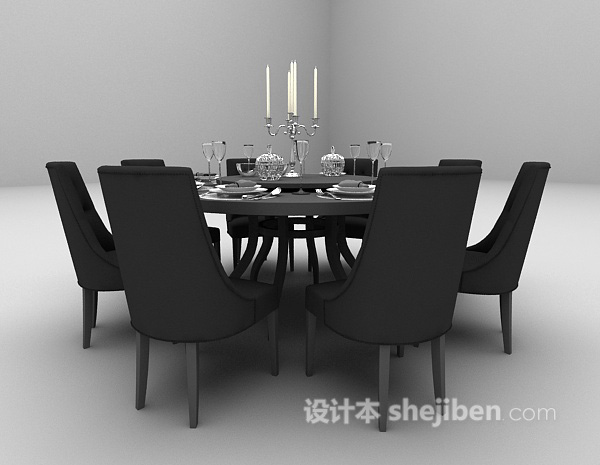 现代风格木质圆桌餐桌椅组合3d模型下载