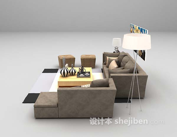 现代风格灰色布艺沙发组合3d模型下载