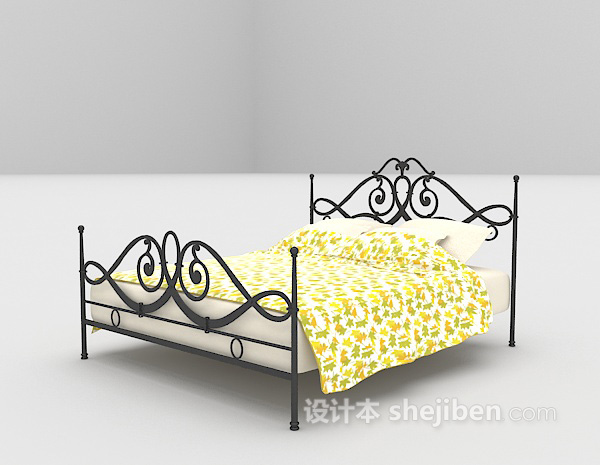 设计本黄色欧式铁艺床max床3d模型下载