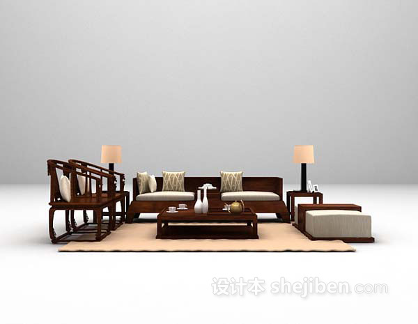 设计本中式木质沙发3d模型下载