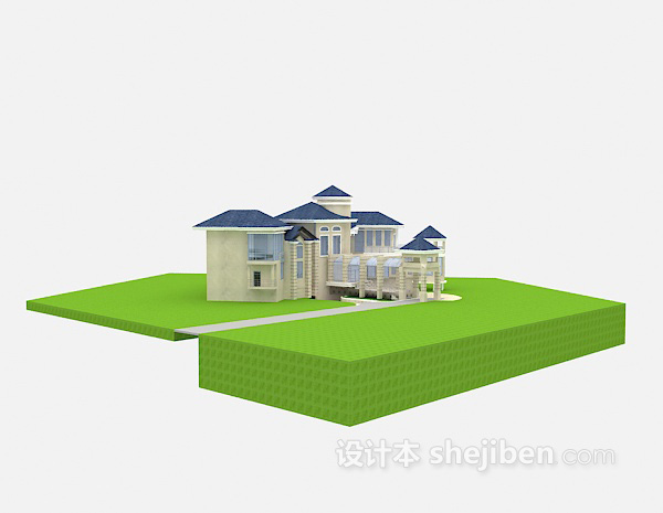 免费蓝色屋顶别墅3d模型下载