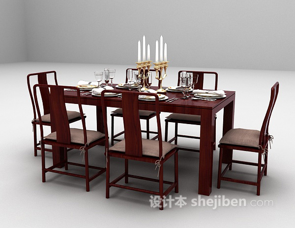 免费红色餐桌椅组合3d模型下载