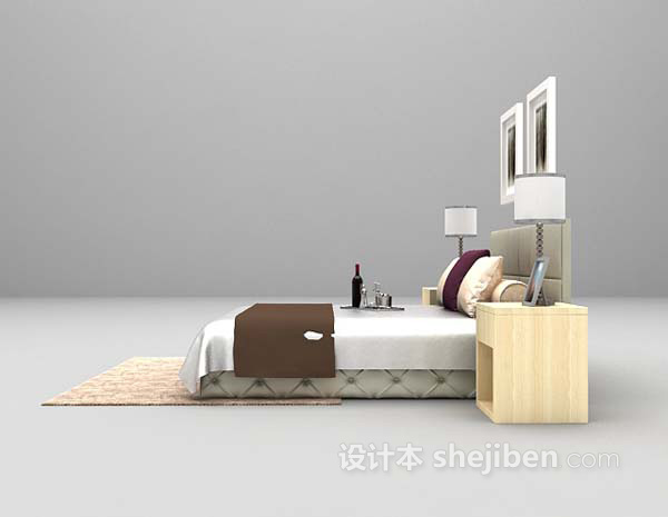 现代风格现代白色双人床3d模型下载