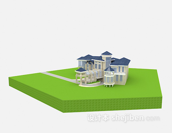 欧式风格蓝色屋顶别墅3d模型下载