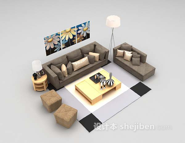 灰色布艺沙发组合3d模型下载