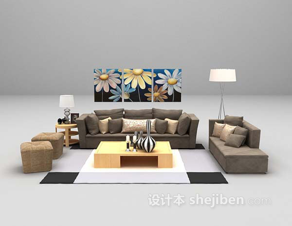 设计本灰色布艺沙发组合3d模型下载