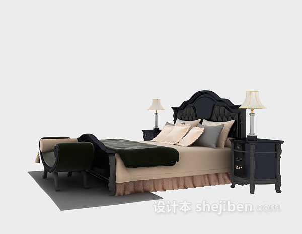 欧式风格黑色木质双人床3d模型下载