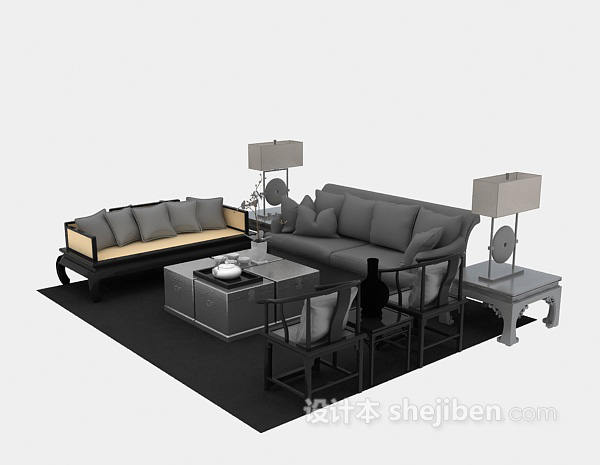 中式风格多人沙发3d模型下载