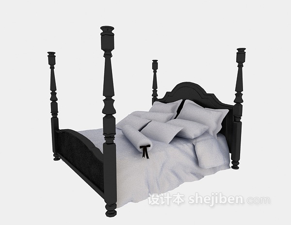 现代风格黑色木床3d模型下载