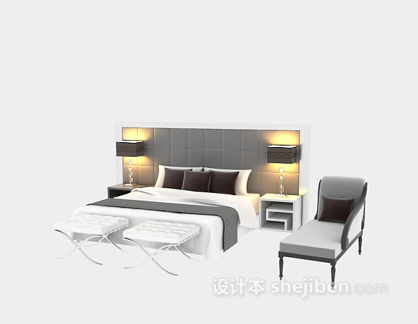 免费现代双人床3d模型下载