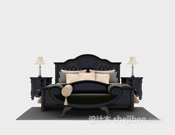 免费黑色木质双人床3d模型下载