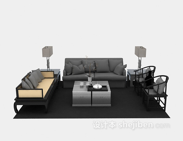 中式风格中式风格多人沙发3d模型下载