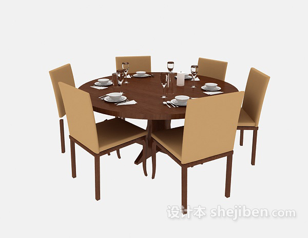 东南亚风格棕色实木餐桌餐椅3d模型下载