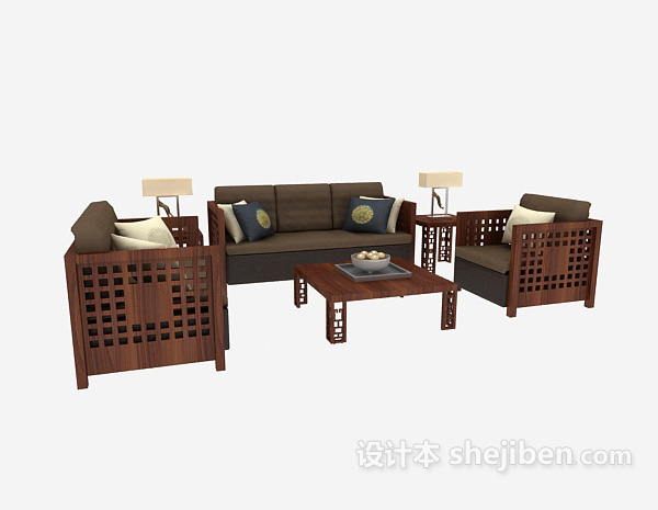 免费中式 木质组合沙发3d模型下载