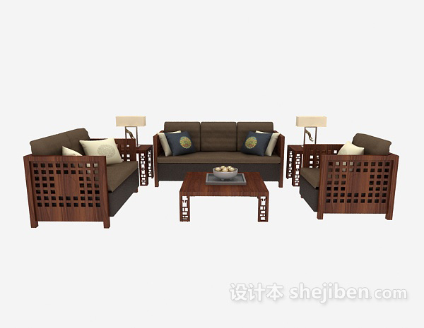 中式风格中式 木质组合沙发3d模型下载