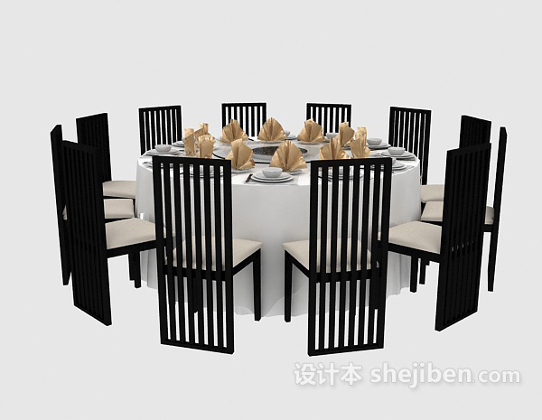 免费中式黑色餐桌餐椅3d模型下载