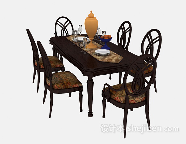 其它豪华实木美式餐桌3d模型下载