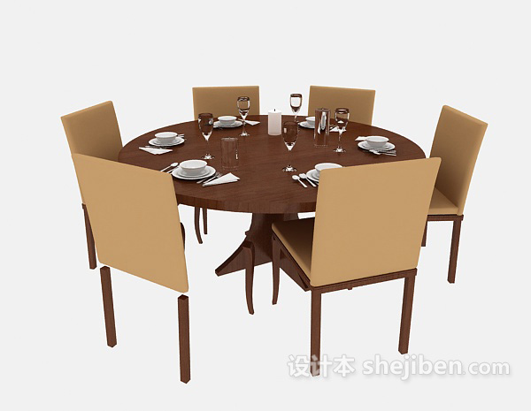 棕色实木餐桌餐椅3d模型下载